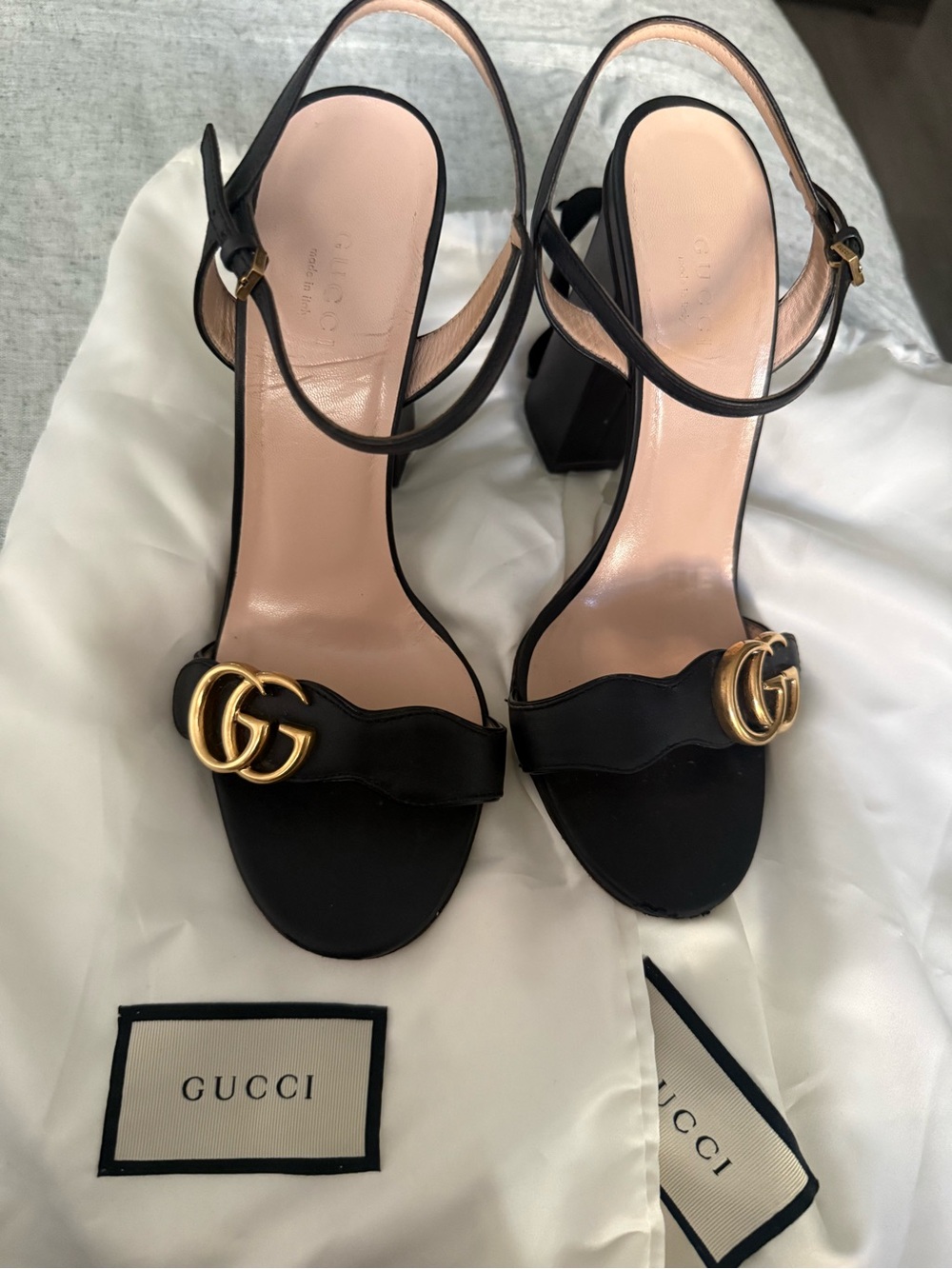 Gucci Black Leather Block Heel Sandals with Gold GG Hardware